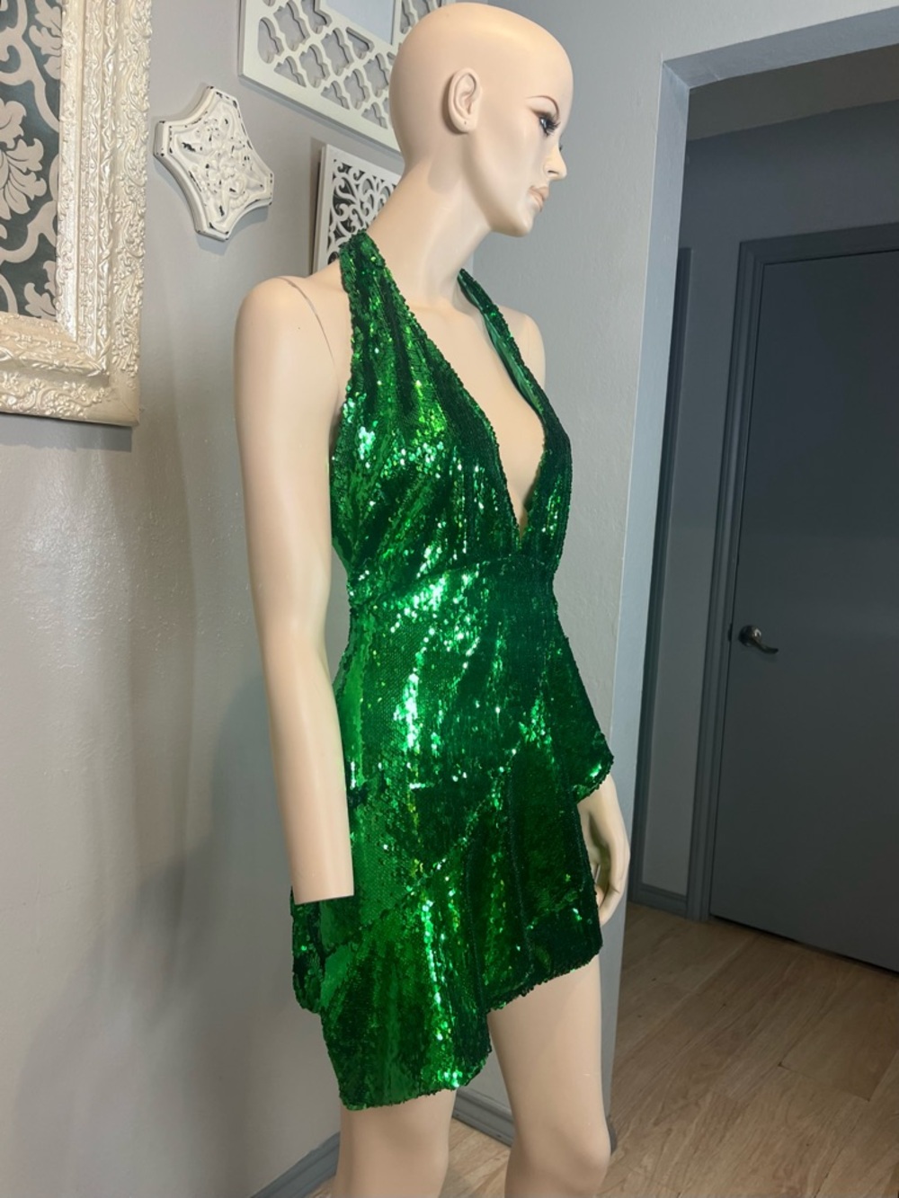 NBD Green Sequin Halter Dress